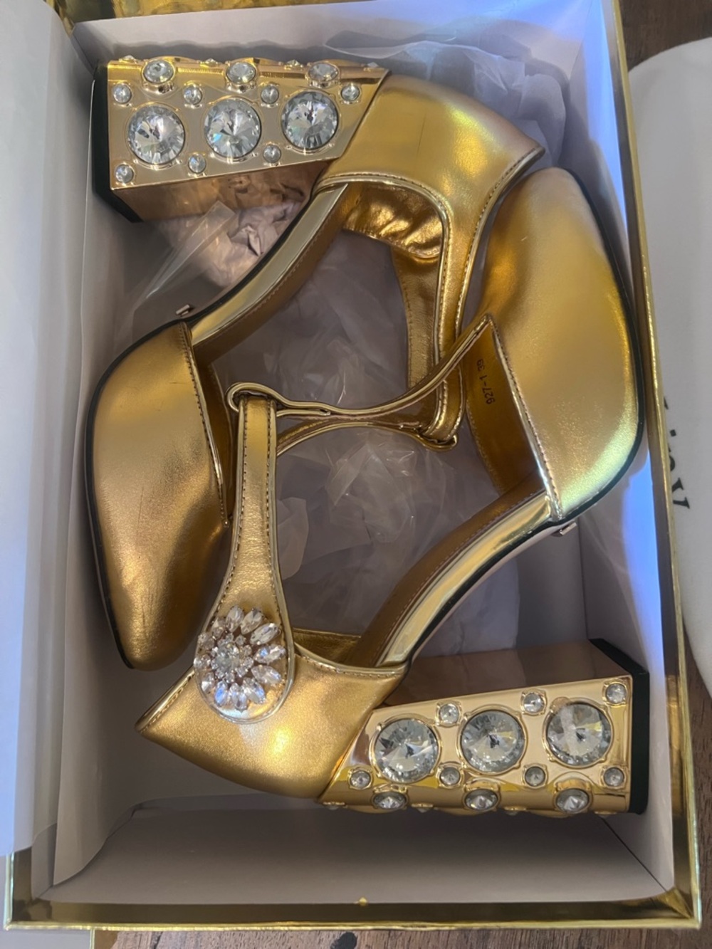 Gold Jeweled Block Heel Mary Jane Pumps with Crystal Accent